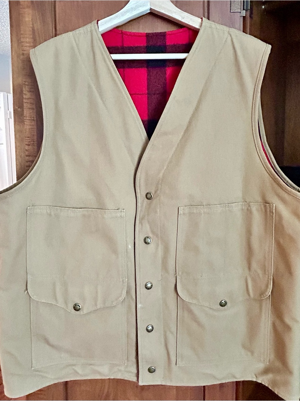 Rare Filson Tan Work Vest with Red Plaid Lining. Excellent condition